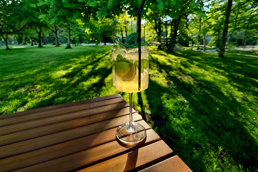 Refreshing summer drink overlooking the camping grounds